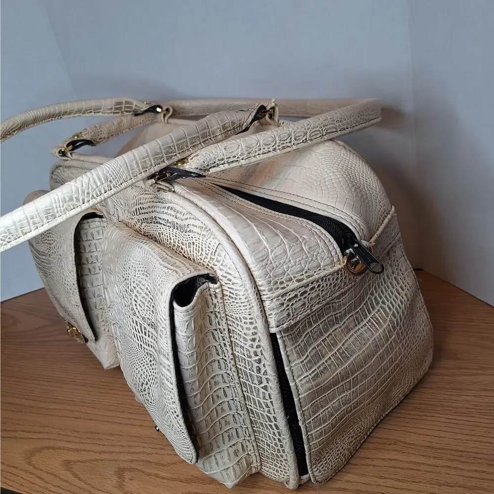 VTG Cream Croc Embossed Pet Carrier Tote Bag Small Dog Cat Mesh Windows Pockets